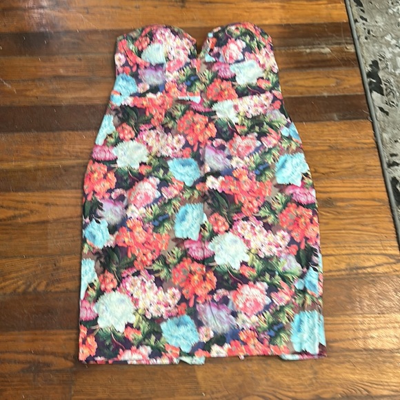 EUC ASOS Bodycon Plunge Pencil Dress Bright Smudgy Floral Strapless Women’s 14 - Picture 7 of 12